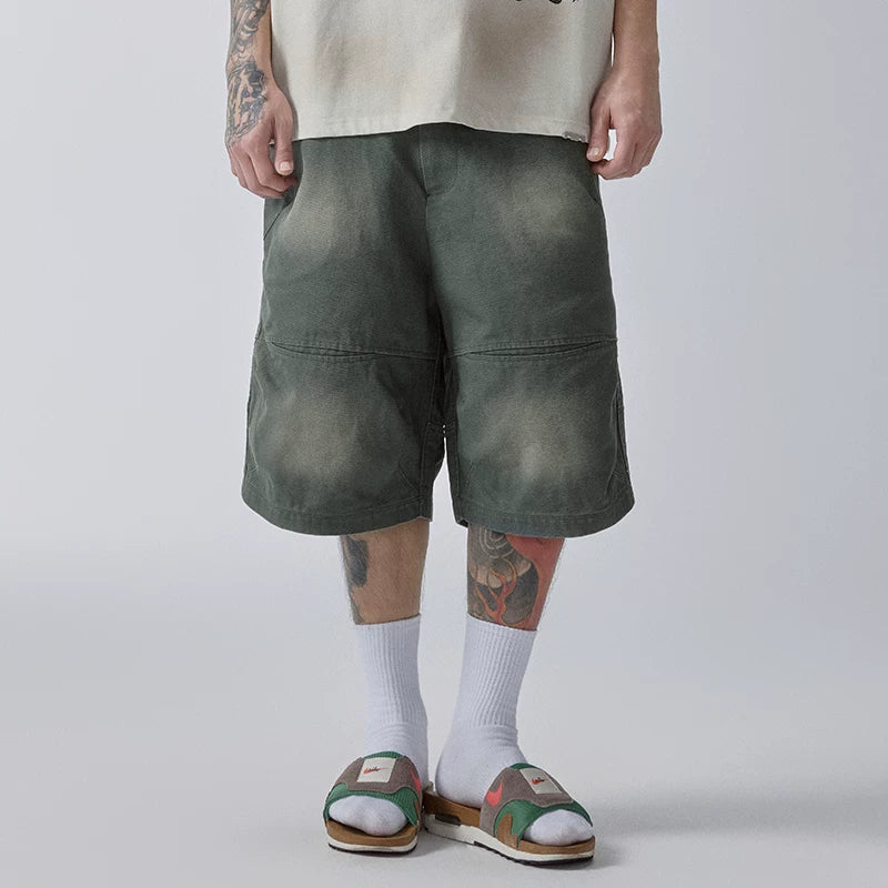 F2CE vintage loose trendy shorts American high street men's summer pocket wide leg workwear washed gradient cropped pants