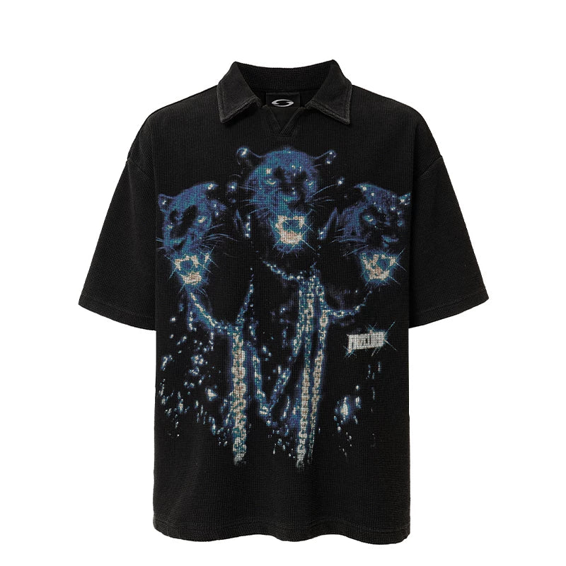 F2CE heavy-duty washed vintage polo shirt, American retro waffle print couple T-shirt, loose casual short sleeved shirt