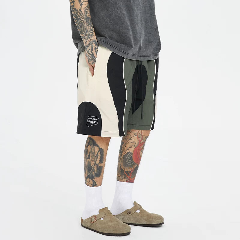 F2CE American style trendy spliced contrasting nylon shorts for men in summer, loose and casual five point basketball pants, sports breathable