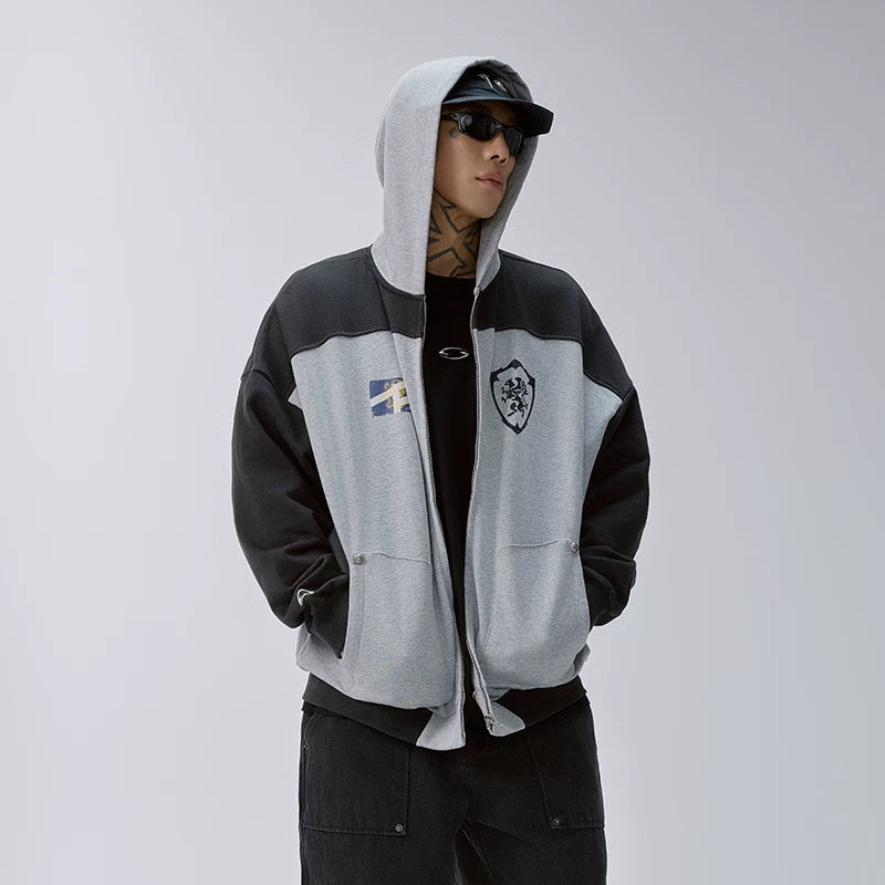 F2CE American high street cardigan patchwork contrasting hooded sweatshirt, men's and women's loose casual versatile printed hoodie jacket