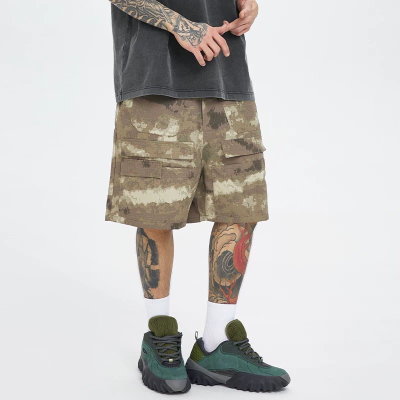F2CE American retro camouflage shorts, men's high street multi pocket straight leg workwear pants, trendy loose and versatile capris