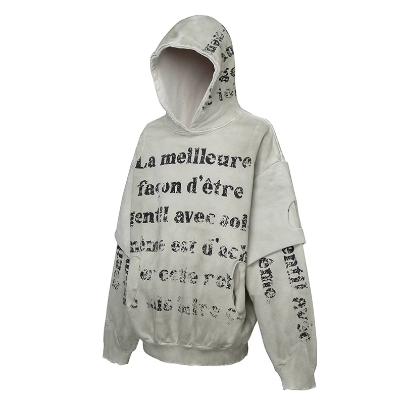 F2CE double-layer heavy-duty deconstruction, old destruction, mud dye printing slogan, loose hooded wide sweatshirt for men and women