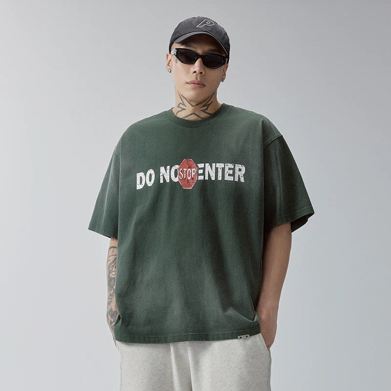 F2CE Trendy Gradient Washed Outdated Slogan Printed Short Sleeve Heavy Loose Simple Versatile T-shirt Half Sleeve for Men and Women