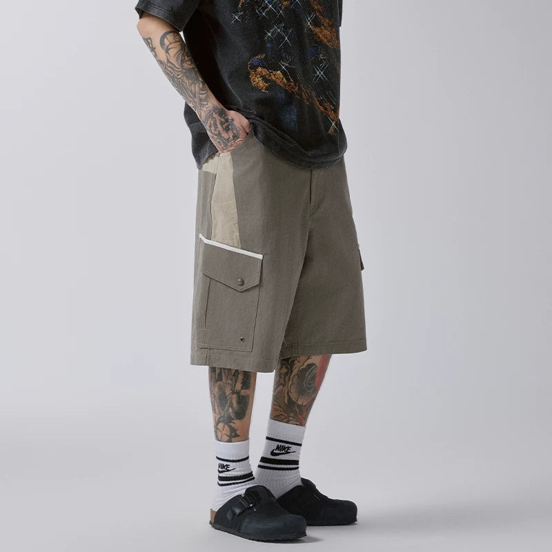 F2CE mountain style outdoor contrasting color splicing trendy workwear shorts for men, retro vintage vintage multi pocket functional casual shorts