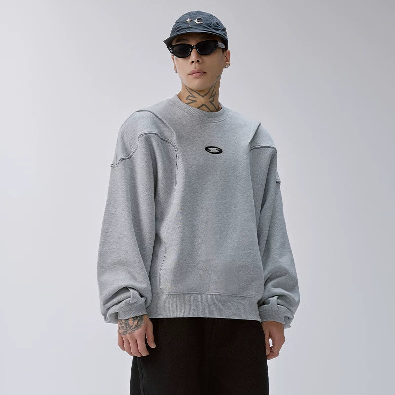 F2CE trendy round neck solid color heavyweight hoodie loose and wide embroidered logo patchwork pleated men's autumn and winter top