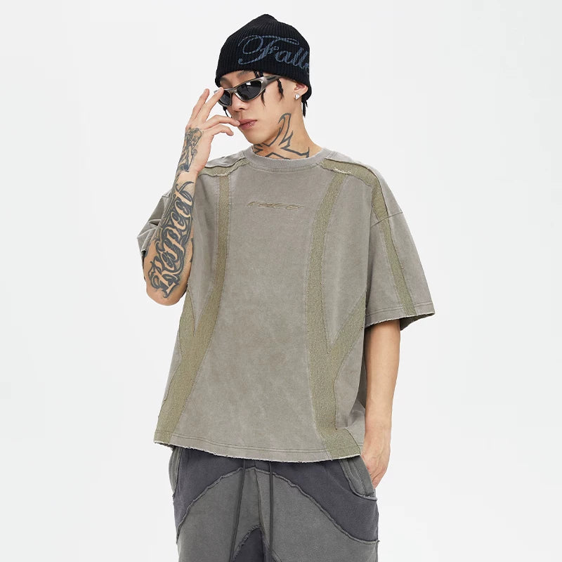 FCE waste soil wind old function burr destruction short sleeved deconstruction splicing color collision trendy high street loose men's and women's T-shirts