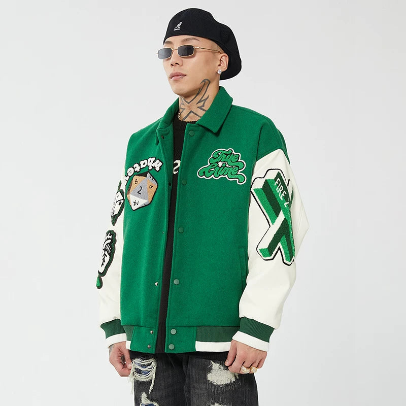 F2CE Trendy Embroidered Baseball Jacket with Green Wool for Autumn and Winter, Trendy Jacket for Couples, Casual High Street Collar Jacket