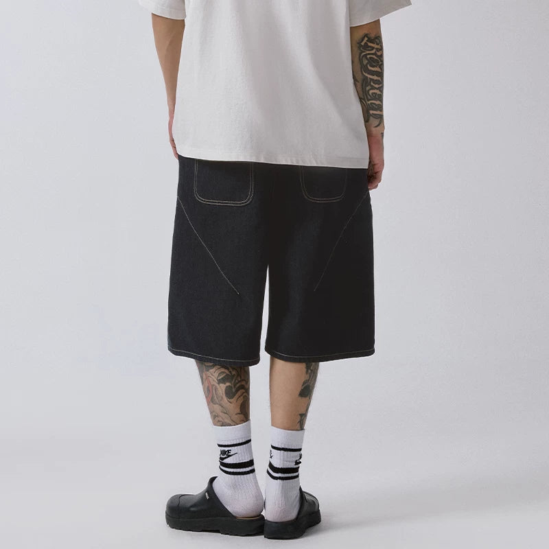 F2CE trendy original color denim shorts with loose silhouette and grid splicing, Vibe casual versatile over the knee cropped pants