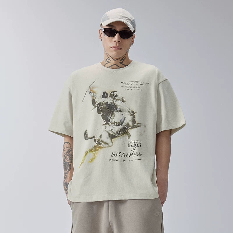 FCE American retro knight print Vintage round neck short sleeved loose and trendy high street casual t-shirt for men and women