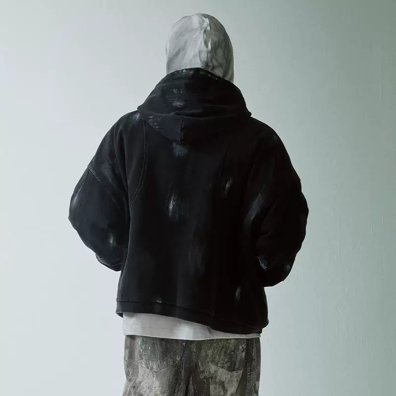 F2CE Trendy Hooded Cardigan Cotton Coat Hand Painted Loose Zipper Casual Warmth with Velvet Vibe Cotton Coat Trendy