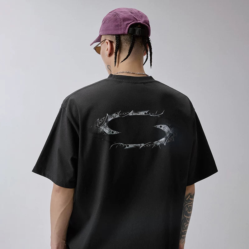 F2CE Heavy duty Washed Vintage American Trendy Metal Logo Printed T-shirt High Street Summer Loose Casual Short Sleeve