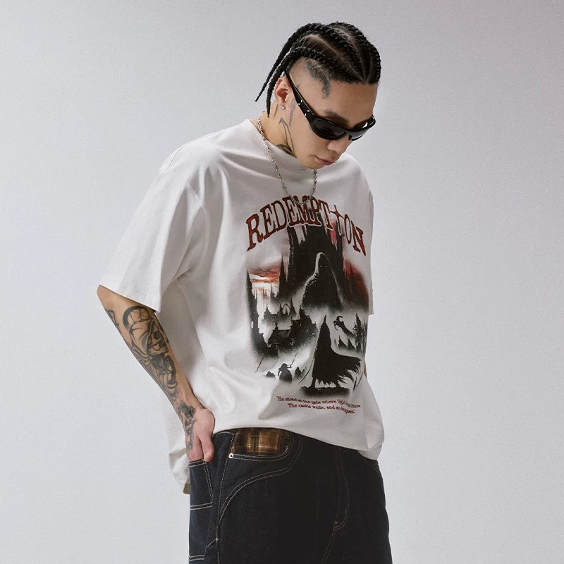 F2CE American Trendy Men's T-shirt Heavy Retro Vintage High Street Printed Couple Summer Loose Casual Short Sleeve
