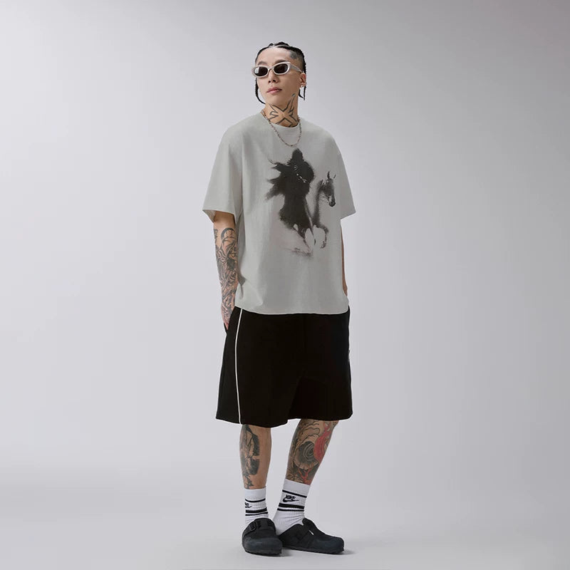 F2CE American Trendy Printed Vintage Round Neck Short Sleeve Loose Trendy High Street Casual T-shirt for Men and Women
