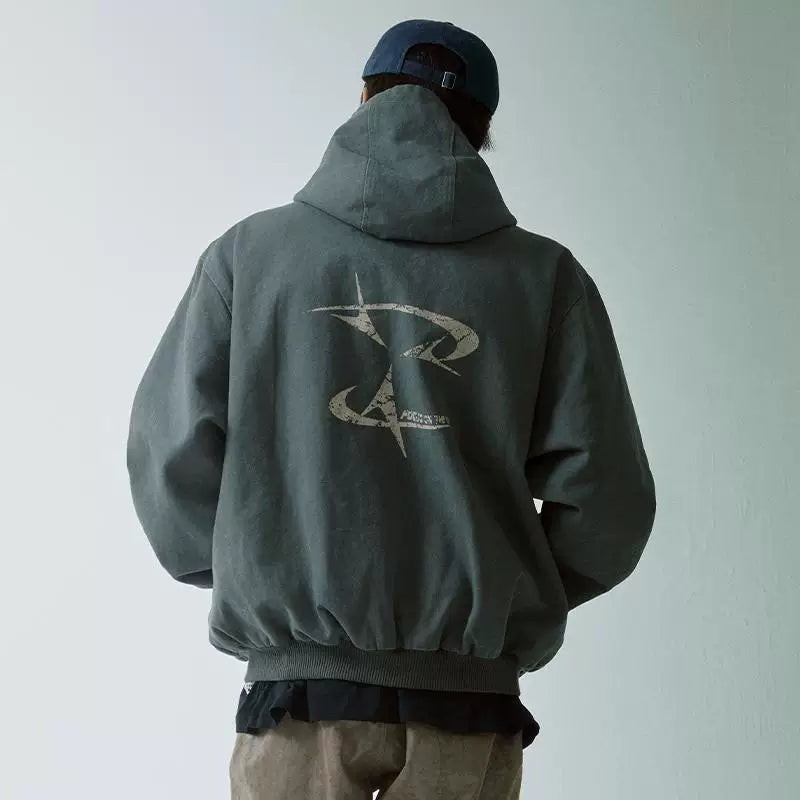 F2CE trendy loose and wide heavyweight distressed canvas embroidered printed hooded Vibe jacket retro autumn and winter jacket