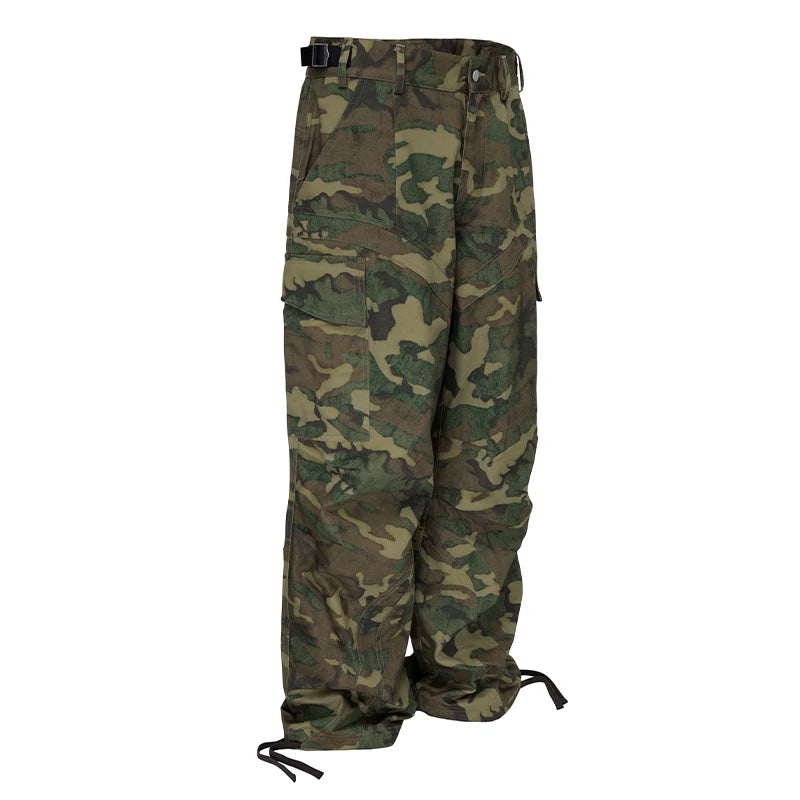 F2CE vintage wide leg loose cleanfit casual straight leg pleated paratrooper pants trendy green camouflage pocket work pants