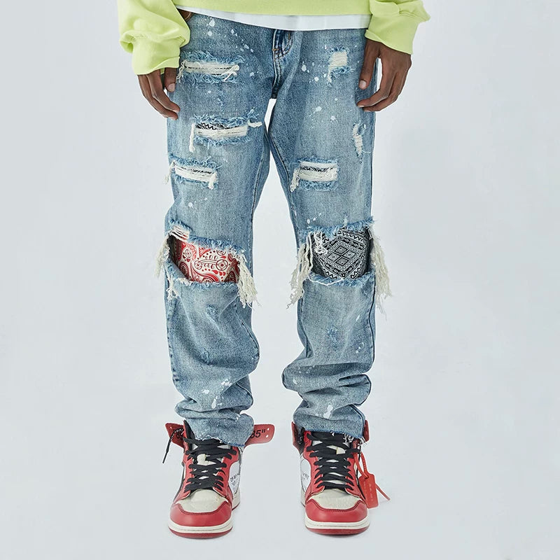 F2CE ripped pants washed with water to make old, cashew flower patch fabric replaced, loose men's spring and autumn straight leg trendy brand jeans