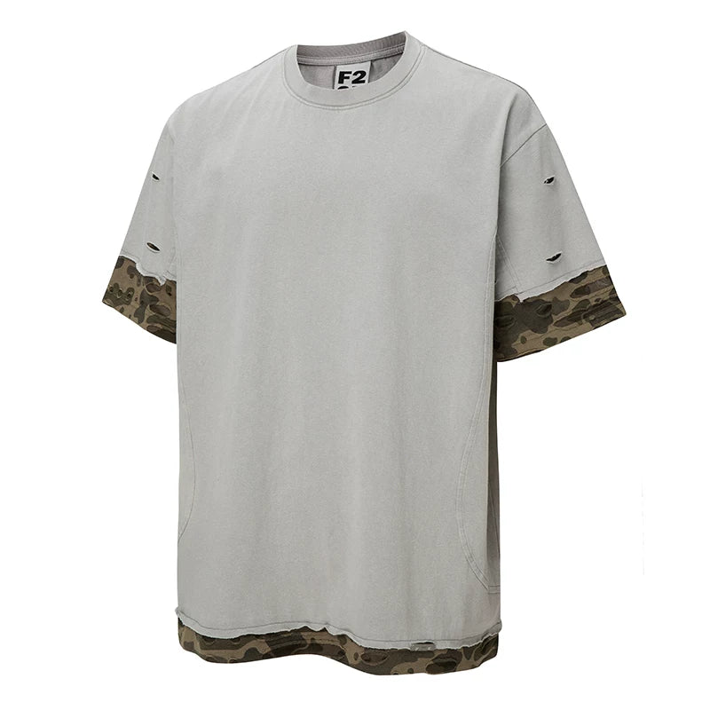 F2CE Trendy Short Sleeve Deconstructed Splicing Color Contrasting Stacking Camo Piercing Half Sleeve Heavy Weight Loose Casual Versatile T-shirt