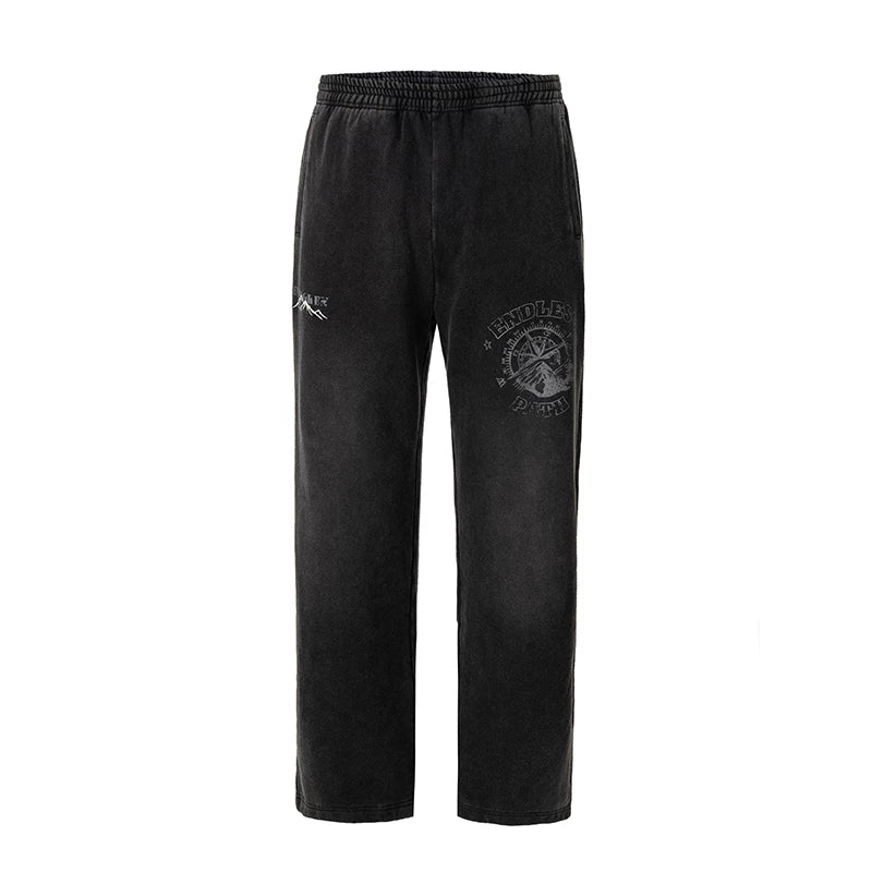 F2CE heavy-duty washed water distressed printed sweatpants for men, loose straight leg wide style trendy casual pants
