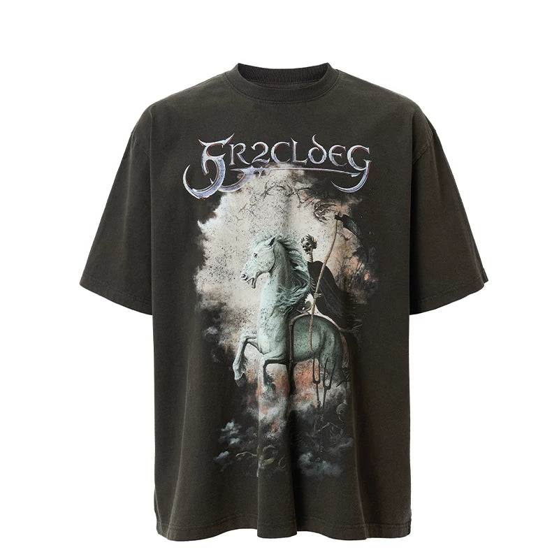F2CE heavyweight trendy T-shirt washed and worn, American retro vintage print, high street summer loose casual short sleeved shirt