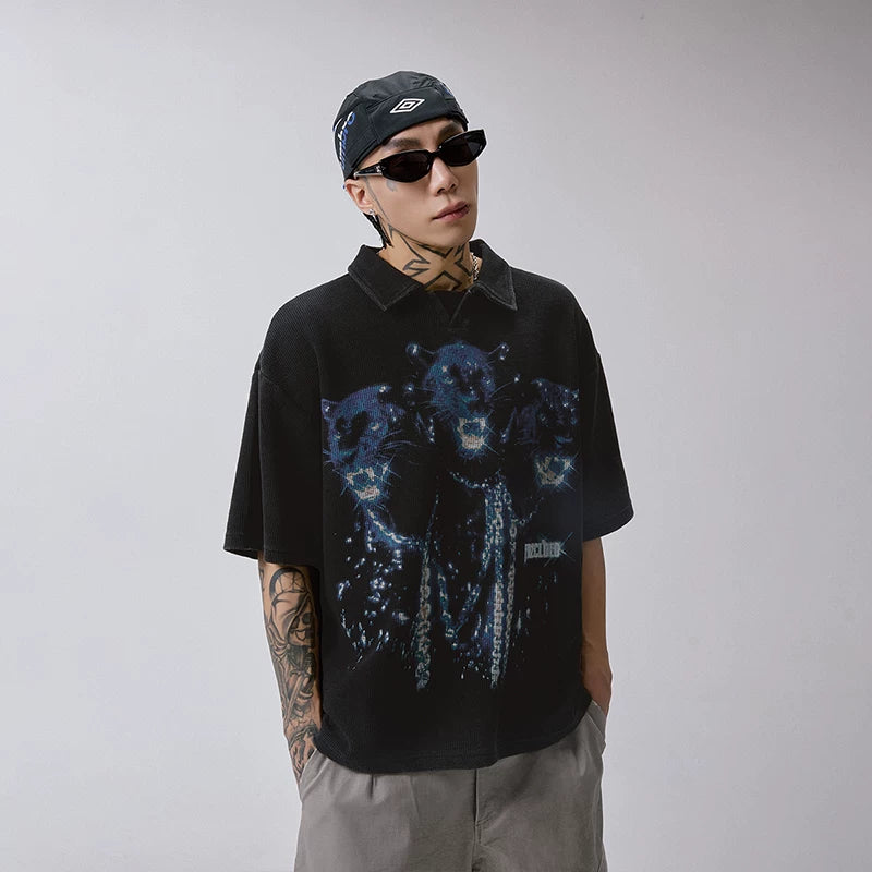F2CE heavy-duty washed vintage polo shirt, American retro waffle print couple T-shirt, loose casual short sleeved shirt