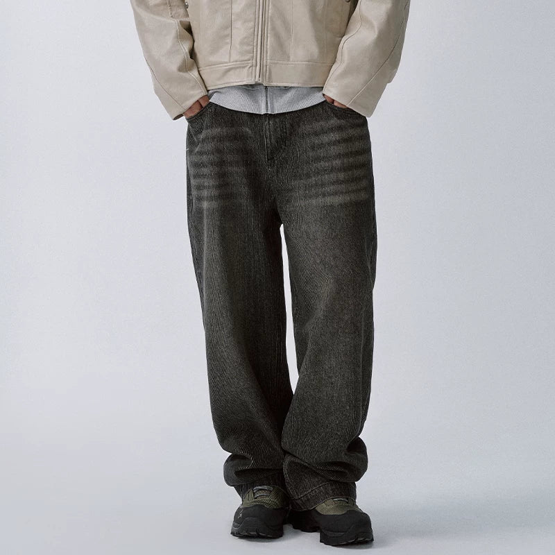 F2CE trendy and versatile dark distressed jeans with jacquard corduroy pattern, loose wide leg straight leg casual pants for men
