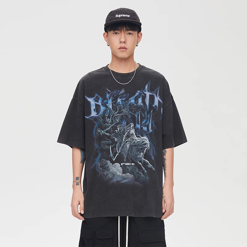 F2CE High Street Vibe vintage print vintage round neck short sleeved casual t-shirt men's loose trendy hip-hop