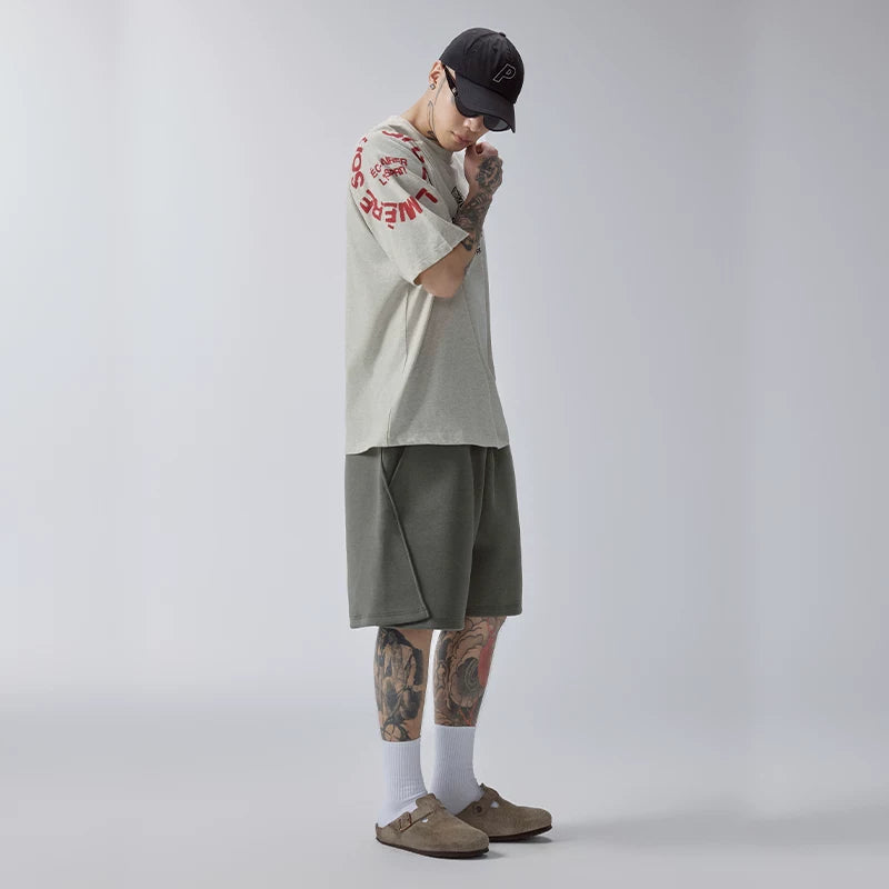 F2CE solid color casual pants beach five quarter pants men's deconstruction splicing embroidery versatile basic trend loose shorts