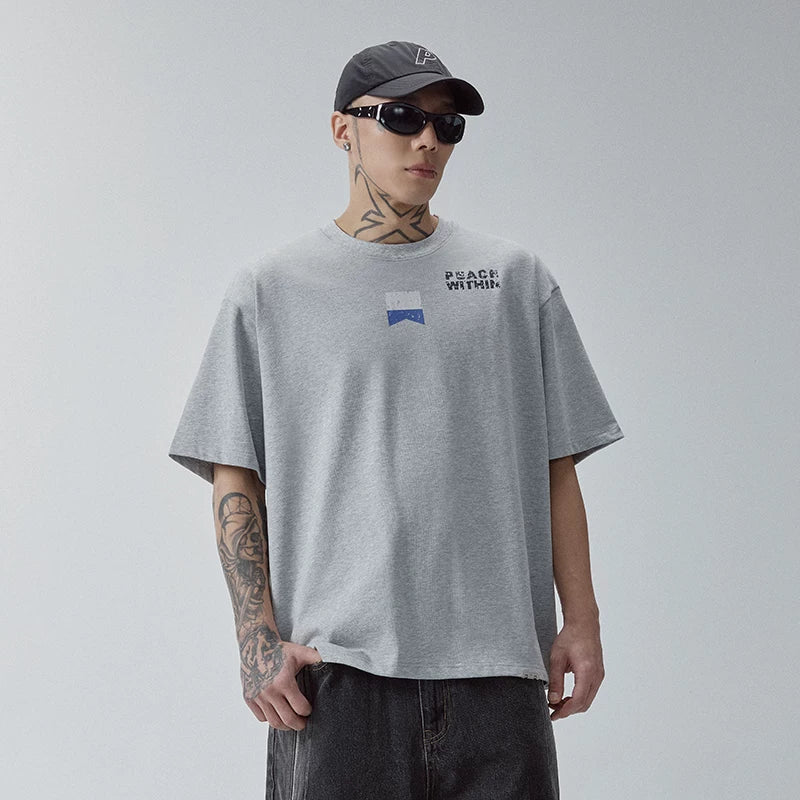 F2CE retro hidden flag vintage print round neck short sleeved loose American trend high street casual t-shirt for men and women