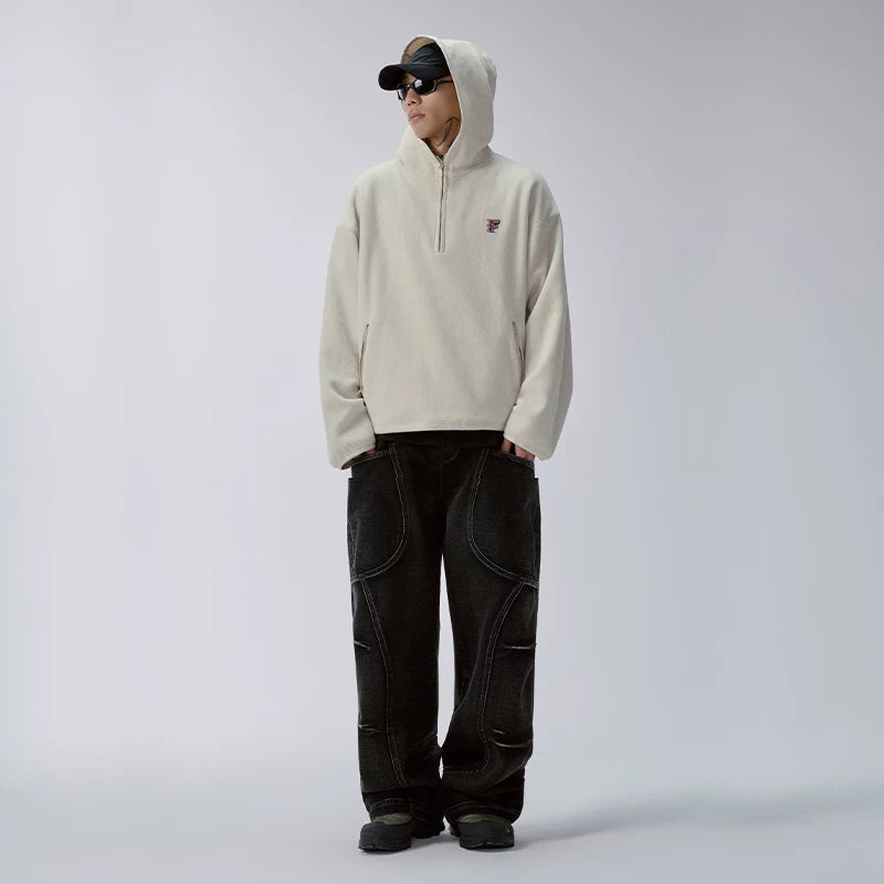F2CE retro thick pullover hooded half zip sweatshirt with fleece fleece cap for couples, loose autumn and winter American jacket