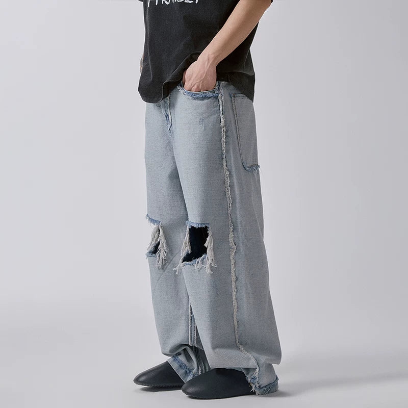 F2CE Retro Washed Outdated Anti Piercing Jeans for Men, Loose Straight Tube, Bare Haired Wide Legs, Casual Pants