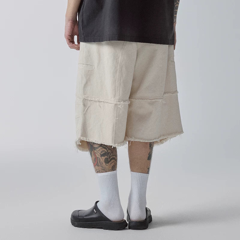 F2CE trendy spliced knee high shorts with loose silhouette, curved edge, high street, Vibe casual versatile cropped pants