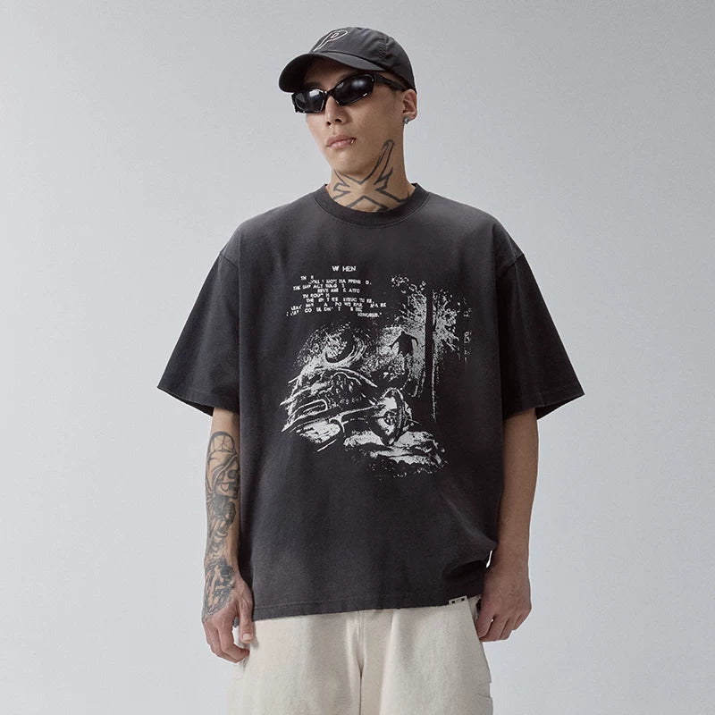 F2CE Heavy duty Washed Gradient Old American Retro High Street Trendy Printed T-shirt Summer Loose Casual Short Sleeve