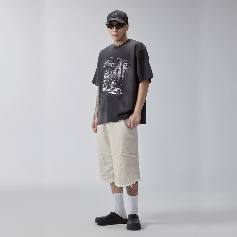 F2CE Heavy duty Washed Gradient Old American Retro High Street Trendy Printed T-shirt Summer Loose Casual Short Sleeve