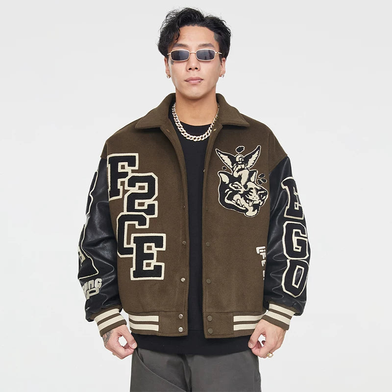 F2CE Trendy Heavy duty Towel Embroidered Baseball Jacket Wool for Autumn and Winter, Trendy Couple Casual Collar Jacket