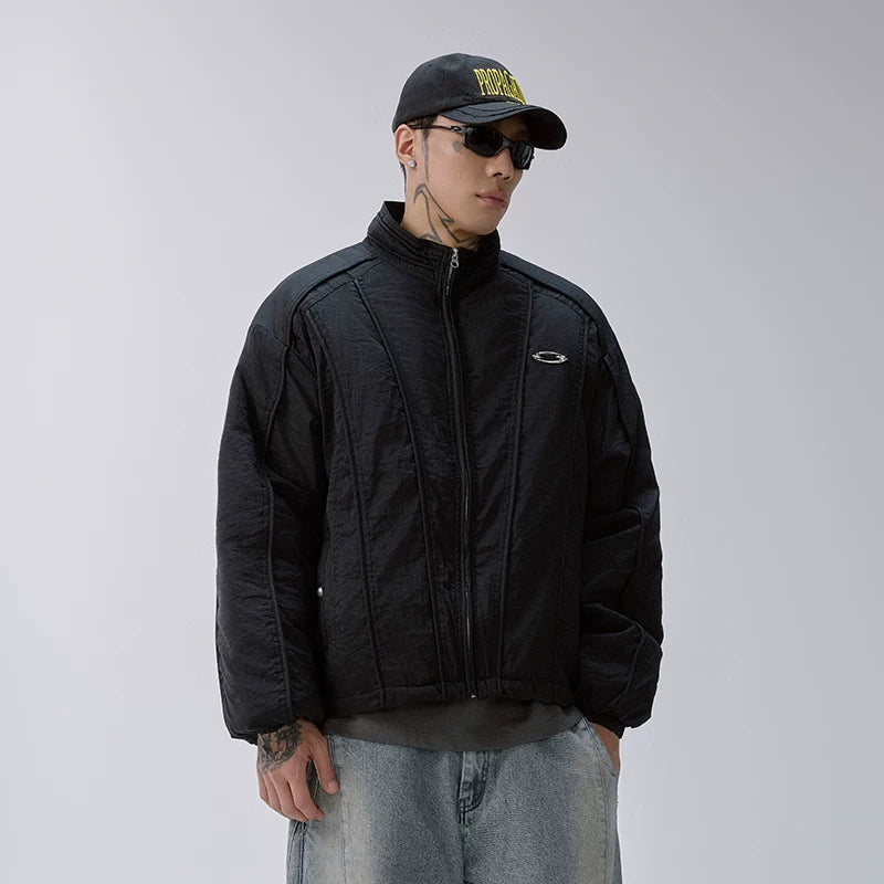 F2CE trendy cotton jacket with American three-dimensional lines deconstruction, loose and wide cotton jacket, thick and warm cotton winter casual jacket