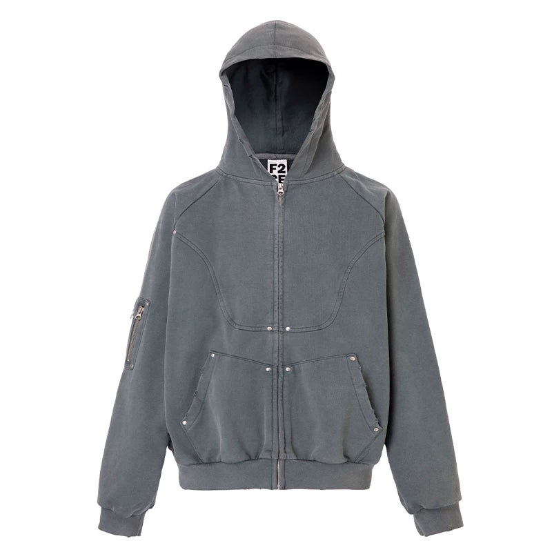 F2CE vintage solid color functional hooded cardigan sweatshirt with worn out studs, loose deconstruction zipper, casual jacket trendy