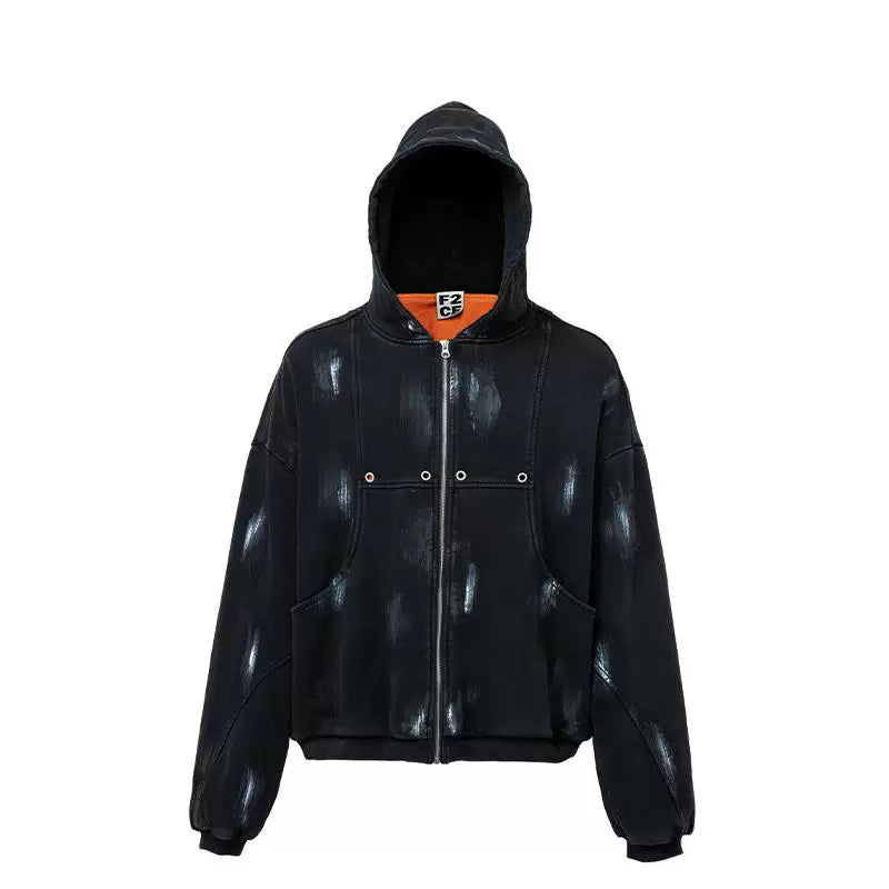 F2CE Trendy Hooded Cardigan Cotton Coat Hand Painted Loose Zipper Casual Warmth with Velvet Vibe Cotton Coat Trendy