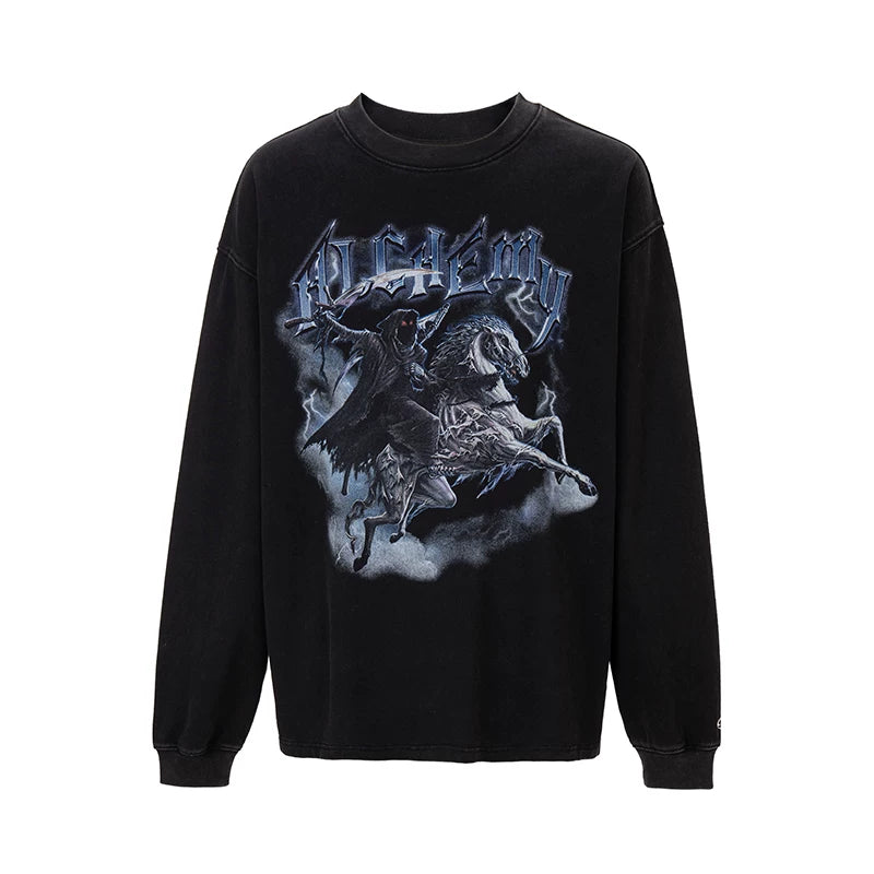 F2CE American washed vintage dark print loose heavyweight long sleeved T-shirt trendy men's and women's round neck base shirt
