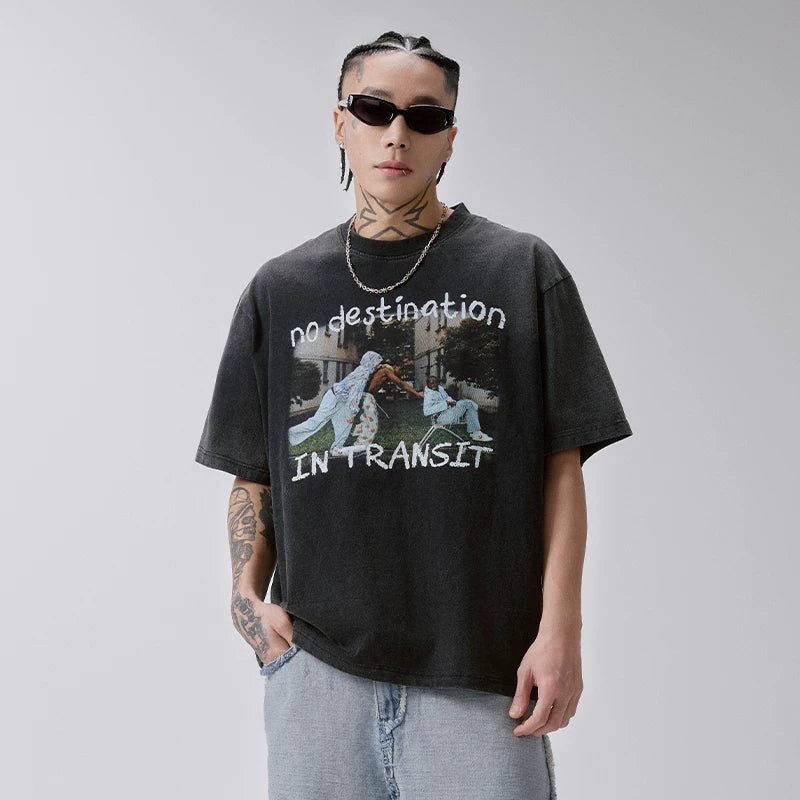 F2CE heavy-duty washed vintage printed T-shirt with American retro vintage print, high street trend, summer loose casual short sleeved shirt