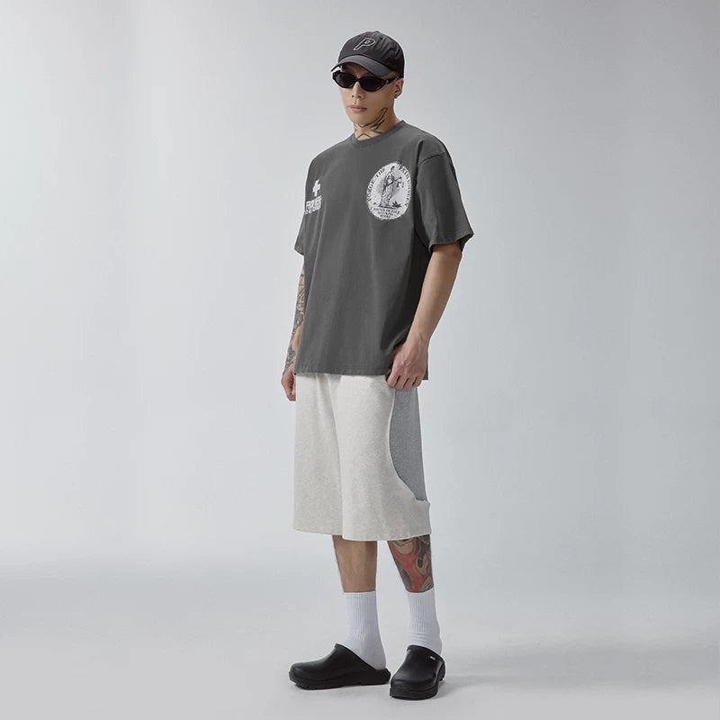 F2CE Printed Vintage Vintage Trendy Do Old Round Neck Short Sleeve Loose Trendy High Street Casual T-shirt for Men and Women