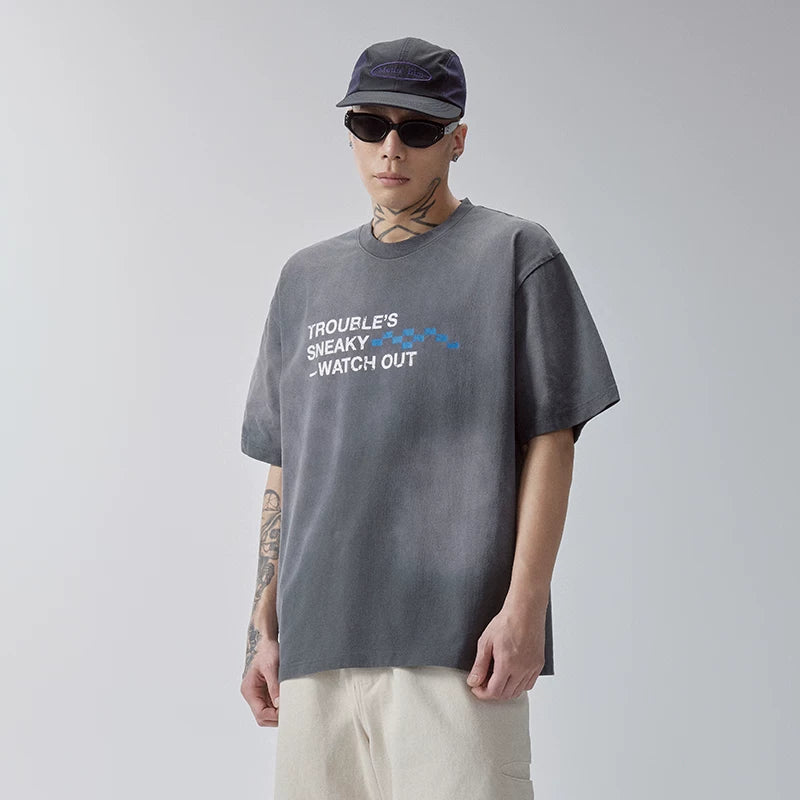 F2CE trendy vintage mud dye printed slogan short sleeved loose wide couple casual versatile T-shirt