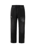 F2CE heavy-duty washed water distressed printed sweatpants for men, loose straight leg wide style trendy casual pants