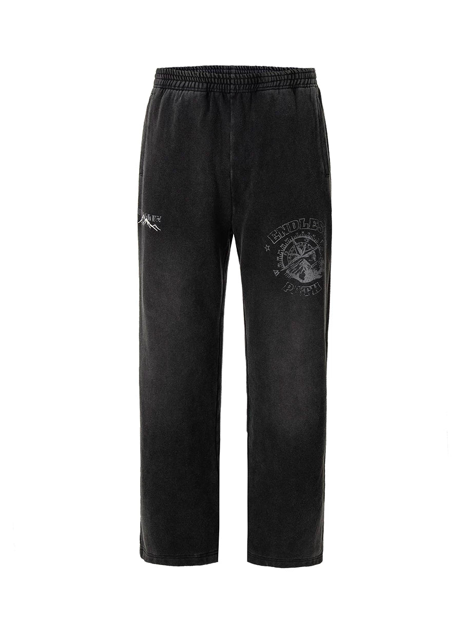 F2CE heavy-duty washed water distressed printed sweatpants for men, loose straight leg wide style trendy casual pants