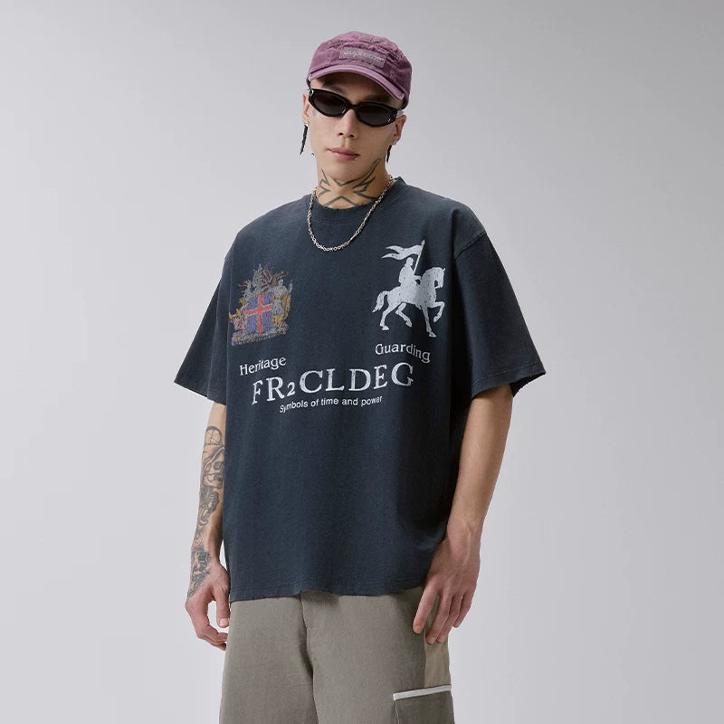F2CE Heavy American Retro Trendy Badge Printed Wear Out T-shirt Summer Men's Loose Casual Couple Short Sleeve Half Sleeve