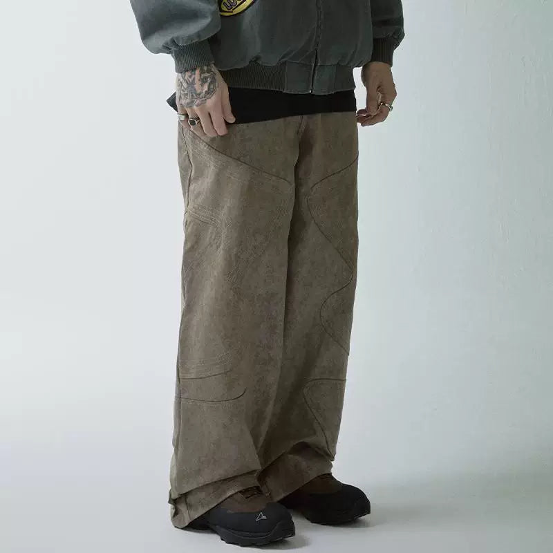 F2CE deconstructive splicing trend pants, loose straight leg silhouette, distressed pattern, brushed wax, Vibe style versatile casual pants