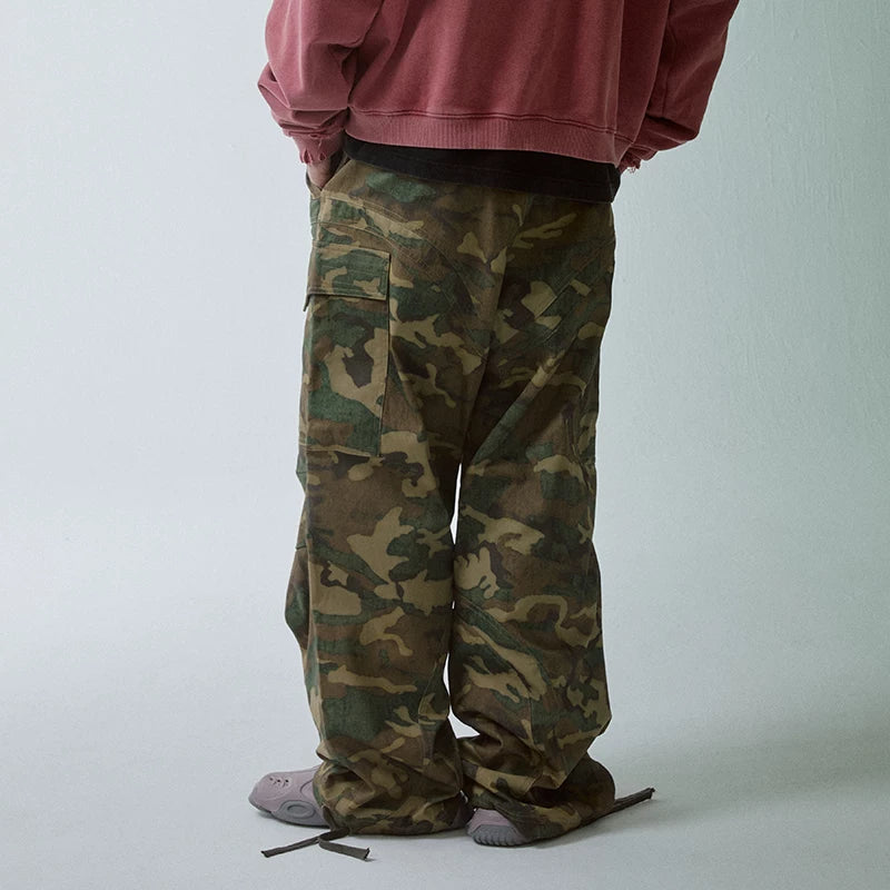 F2CE vintage wide leg loose cleanfit casual straight leg pleated paratrooper pants trendy green camouflage pocket work pants