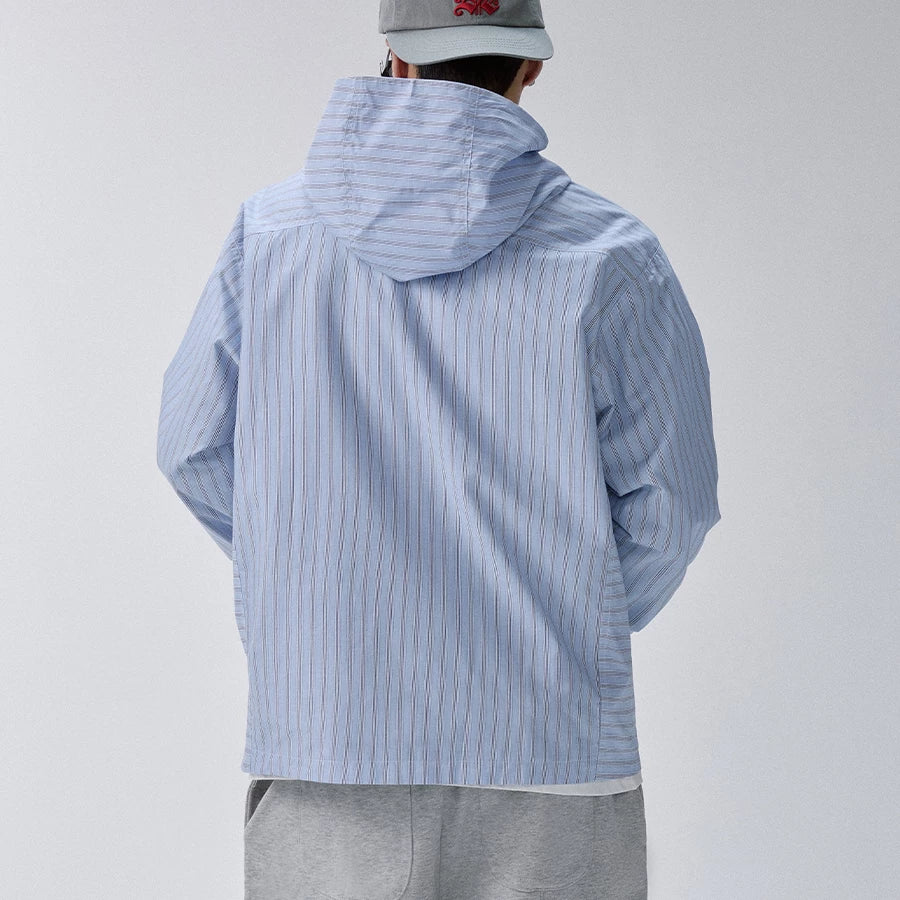 F2CE vertical stripe zipper shirt jacket men's heavyweight embroidered shirt pure cotton trendy loose hooded casual jacket