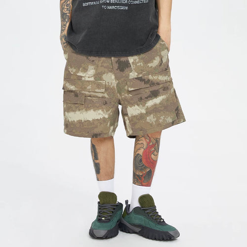 F2CE American retro camouflage shorts, men's high street multi pocket straight leg workwear pants, trendy loose and versatile capris