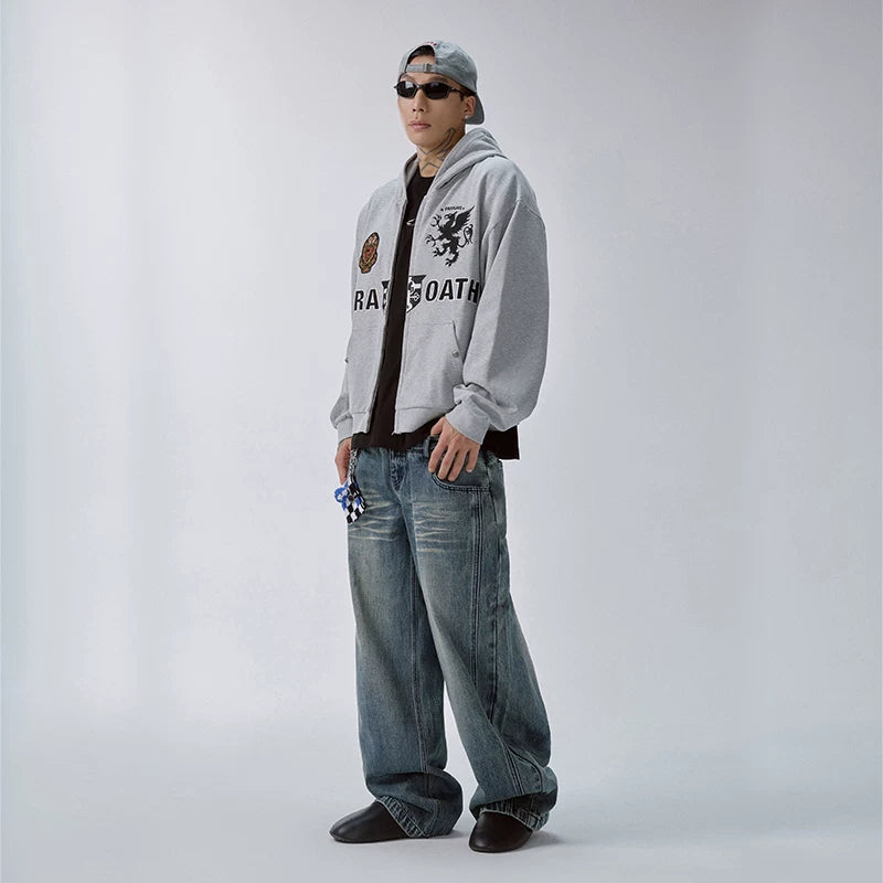 F2CE trendy loose hooded cardigan embroidered gray hoodie men's top autumn/winter casual hoodie zipper jacket