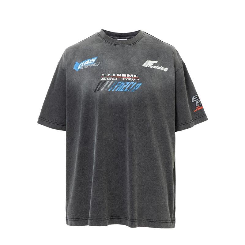 F2CE American washed gradient vintage racing style cracked letter print loose heavyweight short sleeved t-shirt for men and women